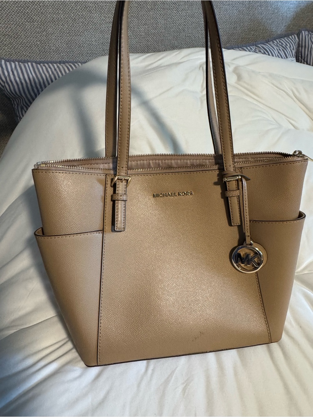 Michael Kors Taupe Saffiano Leather Tote with Gold Logo Charm
